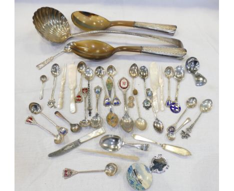 Large silver ladle, tea spoons and serving spoon and fork 