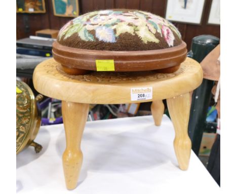 Child's carved stool and a tapestry topped footstool 