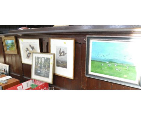 Five pictures and prints, game birds, fishing scenes, hunting dogs etc., including Archibald Thorburn print and picture of ge