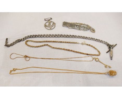 Mixed costume jewellery, silver gate fold bracelet, pocket watch chain etc  