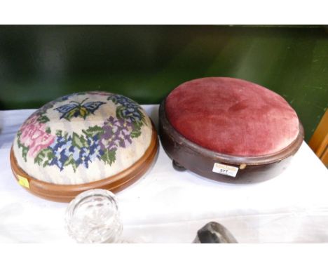 Two low footstools, one with tapestry top the other velvet 