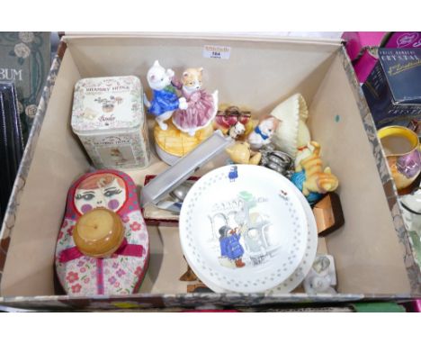Box of Coalport, Paddington Bear ceramics, cat ornaments, cutlery, trinket pots etc 