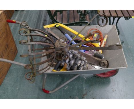 Garden wheelbarrow, quantity of hand tools etc NOTE: The extension lead in the image has been withdrawn