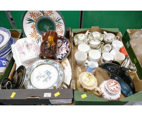 Two boxes of decorative plates, floral patterned butter dish, Poole Pottery dolphin, Noritake floral and gilt part tea set