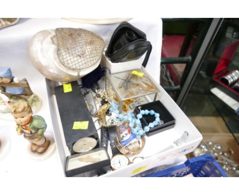 Box of costume jewellery, Mother of Pearls shell, trinket boxes, racing glasses  