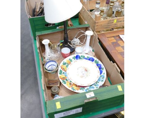 Box of wooden painted lamp, oriental tea bowl, Bunnykins plate, trinket pots, ornaments etc