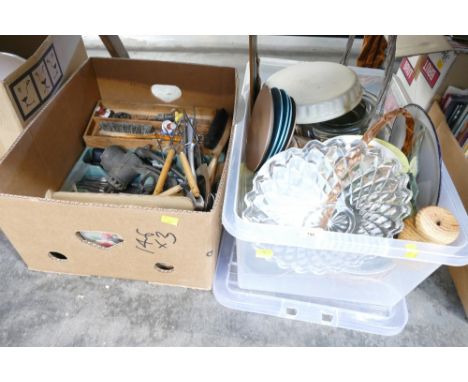 Three boxes of plates, ceramics, kitchenware, cutlery, meat grinder etc 