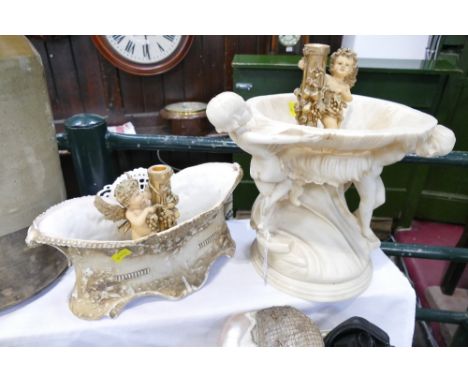 Resin table centre/bird bath, 32 cm high in the classical form, pair of Resin cherub candlesticks and a continental pierced c