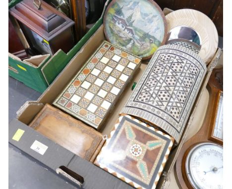 Collection of decorative inlaid trinket boxes, wooden plate, mirror etc