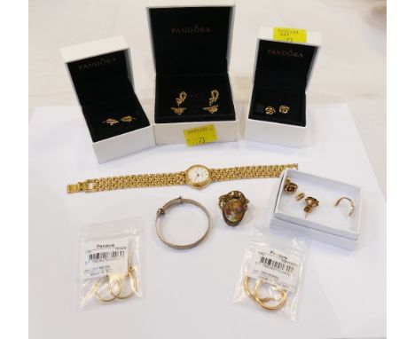 Collection of gold earrings, wristwatch, silver bangle etc 