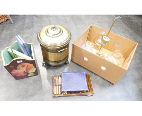 Light fitting, boxes of cutlery, carving set, coal bucket and fireside accessories, wooden stick stand etc  This bladed lot i