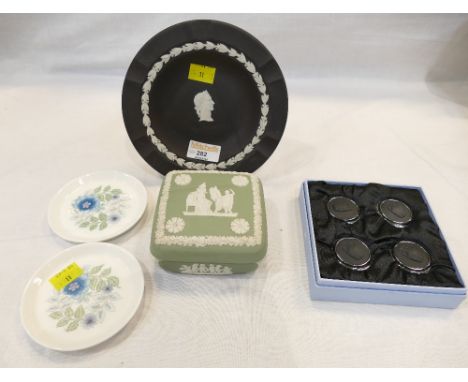 Wedgwood Basalt plate and four Wedgwood pill boxes, trinket box and two small Clementine pattern pin dishes 