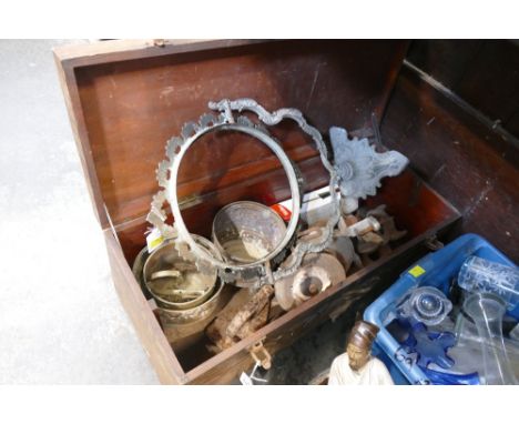 Wooden trunk containing metal planters, grinder, metal mirror frame etc 