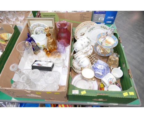 Two boxes of part tea sets, Noritake cake stand, glass dressing table set, spirit decanter and glasses, ornaments etc