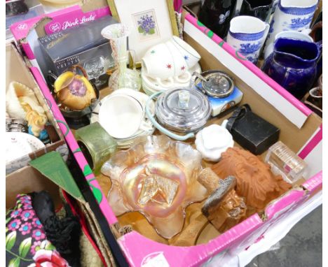 Box of Grindley star patterned cups and saucers, glassware, carnival glass horse dish, vases, pictures, Two Art Deco glass la