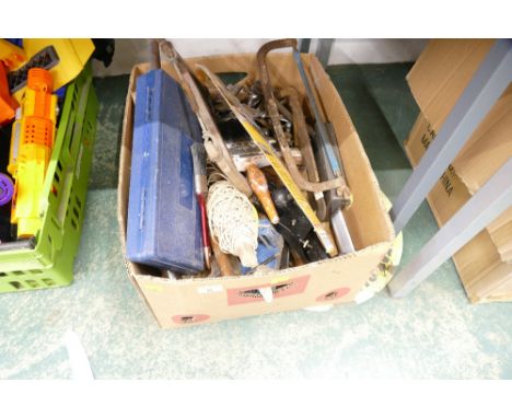 Box of tools, spanners, hand saws, planes etc 