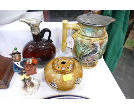 Majolica jug, continental figurine of a monkey organ grinder, amber glass metal topped vinaigrette and Royal Doulton lidded P