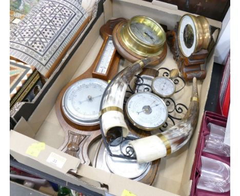 Collection of barometers - Sonat Offshore Drilling Safety Award clock and a horn mounted barometer