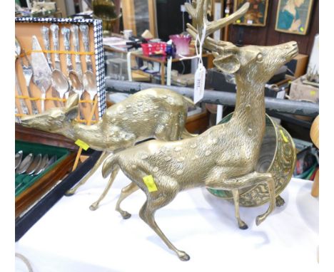 Brass stag and doe ornament, largest measures 43 cm high and a brass planter  