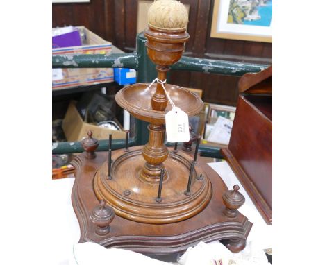 Antique wooden turned bobbin/cotton reel stand, 37 cm high 