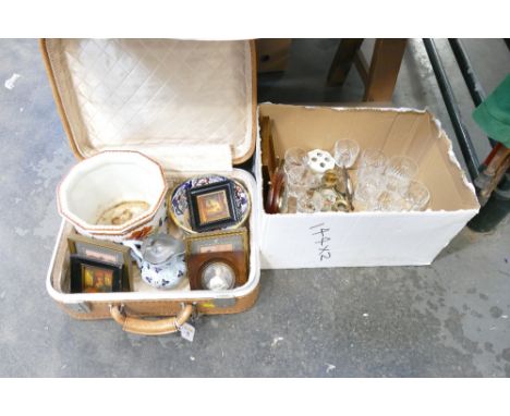 Suitcase and box of planters, portraits pictures, glassware, barometer etc 