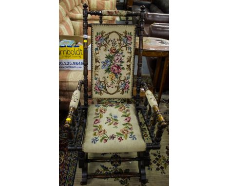 ANTIQUE TURNED ROCKING CHAIR WITH TAPESTRY SEAT