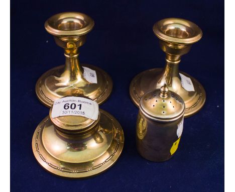 PAIR OF DWARF SILVER CANDLESTICKS + SILVER INKWELL + PEPPER POT