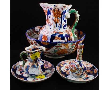 IRONSTONE JUG, BOWL (AF), MINIATURE JUG AND VASE + 2 SAUCERS