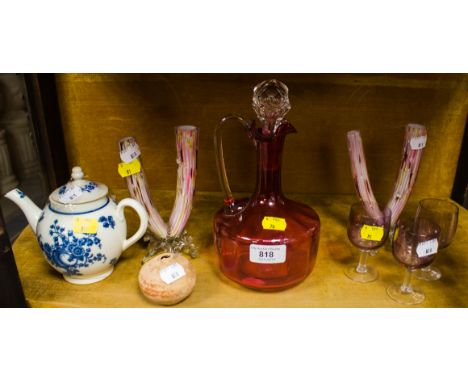 RUBY CLARET JUG + EARLY TEAPOT, PAIR OF GLASS VASES, GLASSES + POTTERY JAR