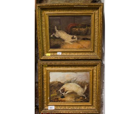 PAIR OF OIL ON CANVAS "HUNTING TERRIERS" 19CM X 25CM