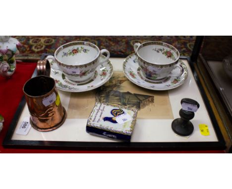 PAIR OF SPODE CUPS, COPPER CAN WEIGHT PUNT ETC