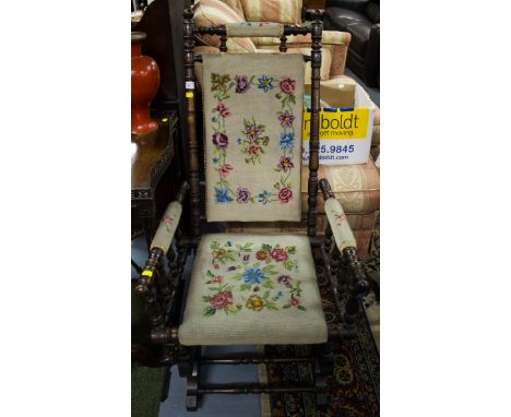 ANTIQUE TURNED ROCKING CHAIR WITH TAPESTRY SEAT