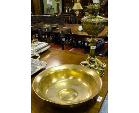 VICTORIAN BRASS OIL LAMP +  BRASS BASIN