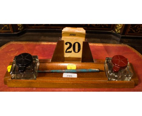 1930S MAHOGANY INK STAND + JOCKEY CAP INKWELL LID