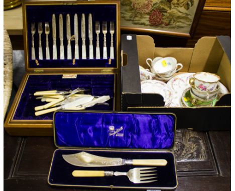 DRESDEN PORCELAIN PLATE WITH FLORAL DECORATION + CUPS, SAUCERS & PLATES + 3 SETS OF CUTLERY