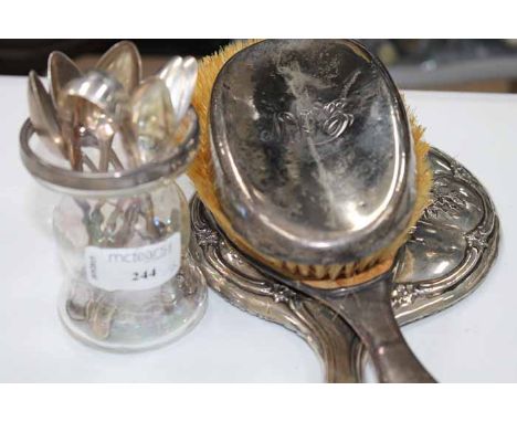 SILVER TOPPED VASE, SIX SILVER TEA SPOONS, SUGAR TONGS AND A SILVER VANITY SET