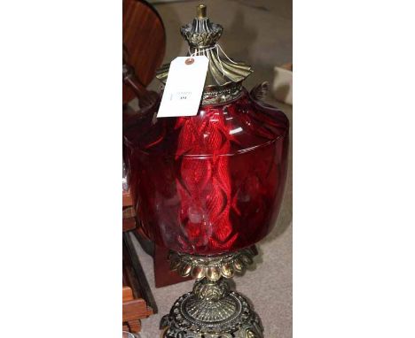 LARGE CRANBERRY GLASS AND BRASS LAMP 