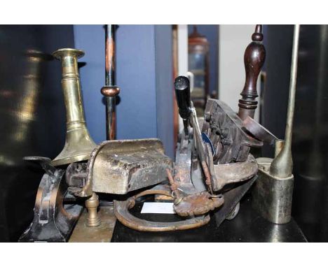 SELECTION OF BRASS ITEMS
including two wall attachment umbrella stands, two address stamps, an opium pipe, brass knockers, do