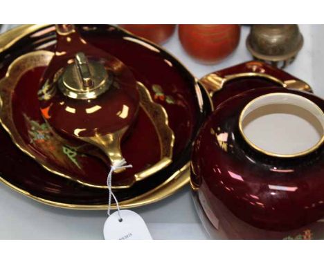 FIVE CARLTON WARE ROUGE ROYALE ITEMS
including an 'Aladdins lamp' lighter, a square ashtray, two dishes and a ginger jar, jar