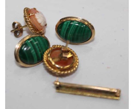 14CT SEED PEARL AND ENAMEL BAR BROOCH
together with a pair of 9ct cameo earrings and another 14ct pair of earrings