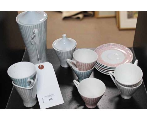 WEST GERMAN COFFEE SET
of retro design, comprising of six cups and saucers, coffee pot, sugar and cream, the coffee pot 20cm 