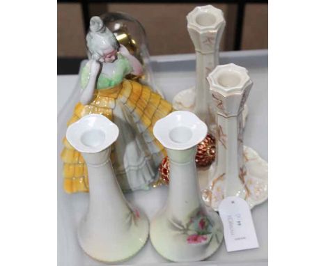 PAIR OF BELLEEK CANDLESTICKS
in ivory with handpainted pink floral reliefs; together with a pair of floral vases, a ceramic l