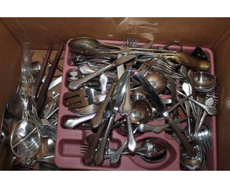 LOT OF MIXED SILVER PLATED WARE 
including cutlery, three piece tea service etc ( 1 box )