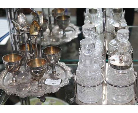 SILVER PLATED EGG EPERGNE AND A CRYSTAL CRUET SET 