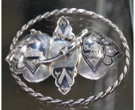 SILVER NIELLO ENAMEL BUCKLE WITH SWORD FASTENING
together with a Danish silver bangle (2)