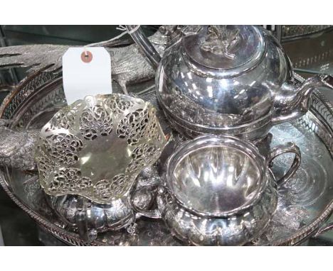 SILVER PLATED TEA SET
comprising of teapot, sugar, cream and tray, along with a silver plated bon bon dish and a pair of whit