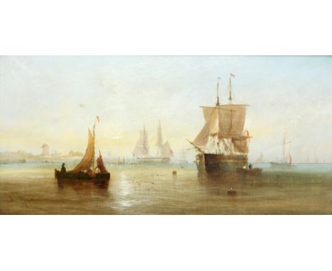 CIRCLE OF WILLIAM CALCOTT KNELL (1830-1880), A MORNING BREAK IN A CALM, RIVER THAMES AND EXTENSIVE SEASCAPE WITH FISHING BOAT