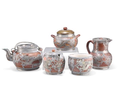 A CHINESE YIXING TERRACOTTA AND PEWTER FIVE-PIECE TEA SERVICE, comprising teapot, hot water jug, milk jug, two handled sugar 