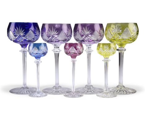 
FOUR VAL ST LAMBERT BERNCASTLE CUT FLASHED HOCK GLASSES, in amethyst (x2), citron and blue, with faceted shallow bowls above