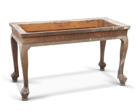 A GEORGE II IRISH MAHOGANY CONSOLE TABLE, rectangular, raised on turned tapering legs terminating in animal paw feet with fet